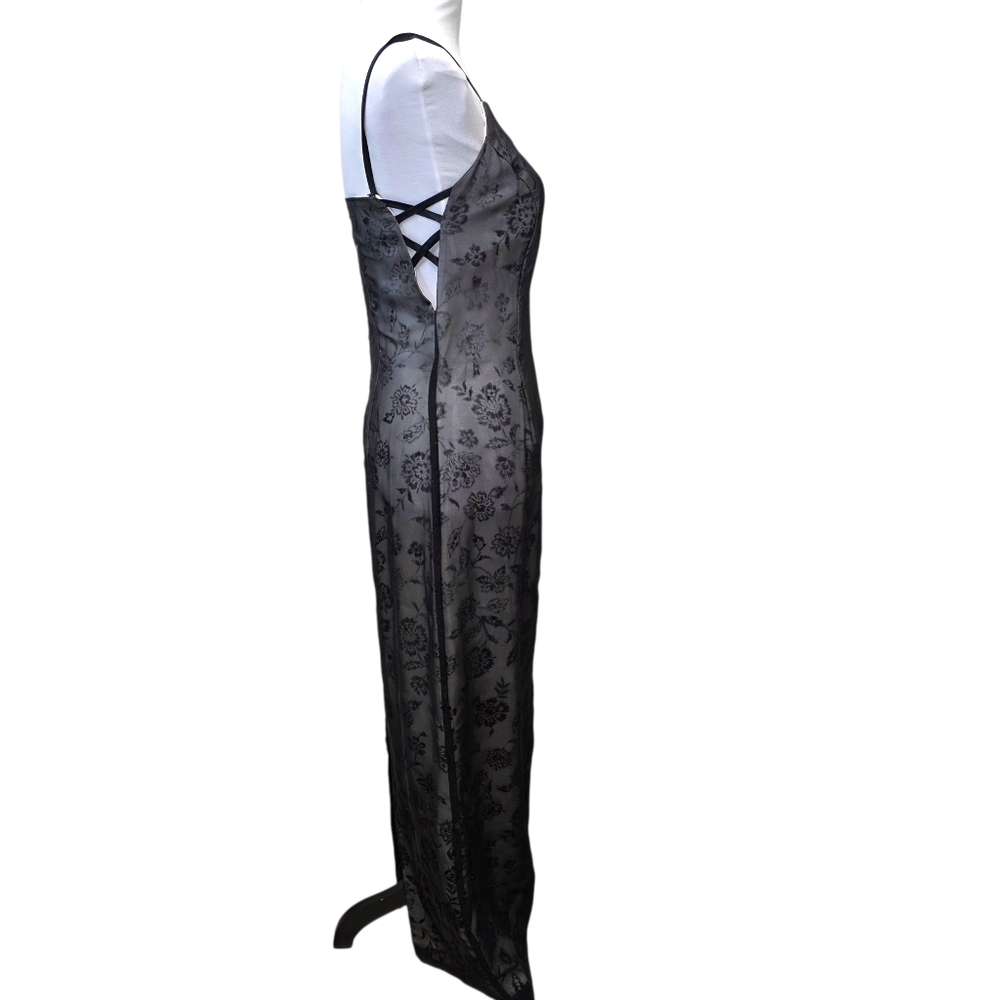Morgan And Co Elegant Black Floral Lace Evening Dress Maxi Size 7/8 - Picture 4 of 12